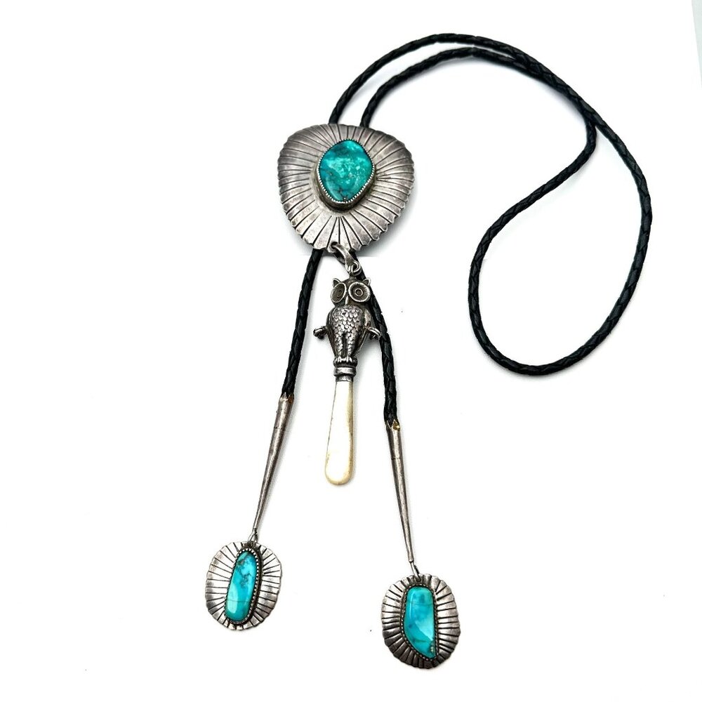 Native American Hallmark WB Sterling Turquoise Bolo Tie 105 Gram Unusual Owl
